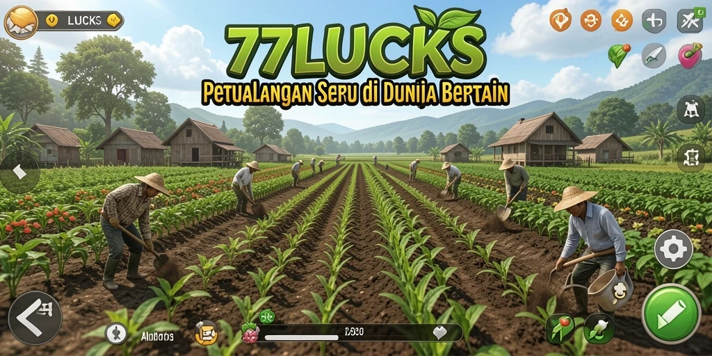 Screenshot gameplay 77LUCKS menampilkan ladang yang subur dan beragam hewan ternak.