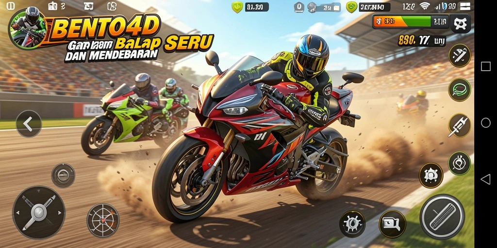 Tangkapan layar BENTO4D menampilkan aksi balap motor yang mendebarkan.