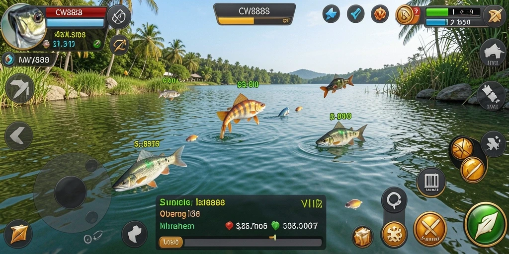 Tampilan gameplay seru dalam CW8888 dengan aksi memancing yang mendebarkan.