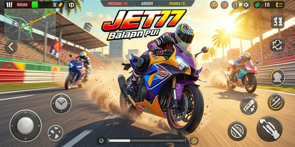Gameplay seru JET77 menampilkan balapan motor yang mendebarkan.