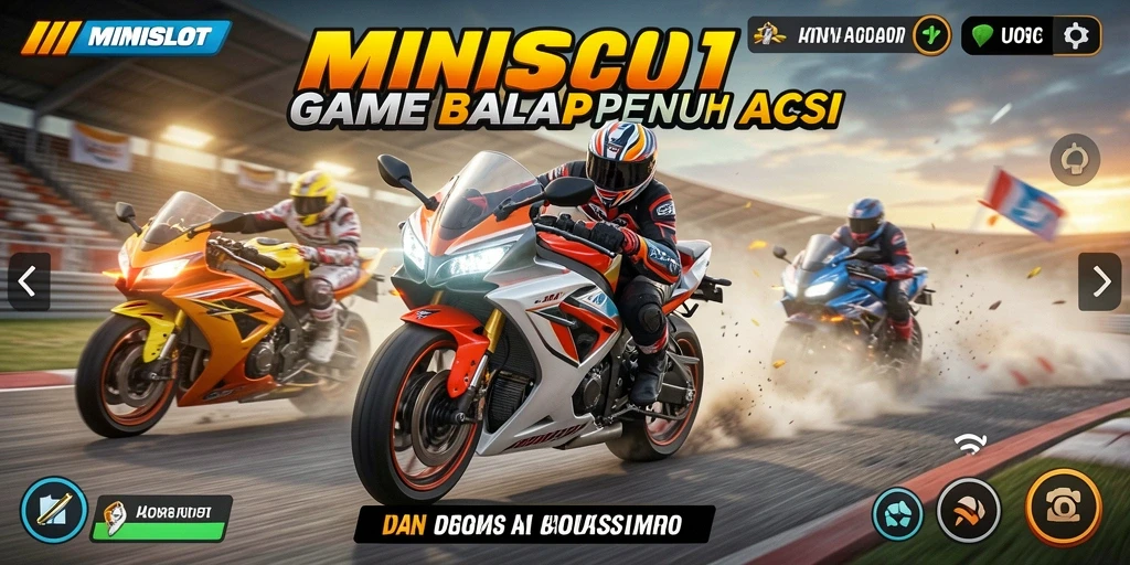 Tampilan gameplay seru <strong>MINISLOT</strong> dengan aksi balap motor yang mendebarkan.
