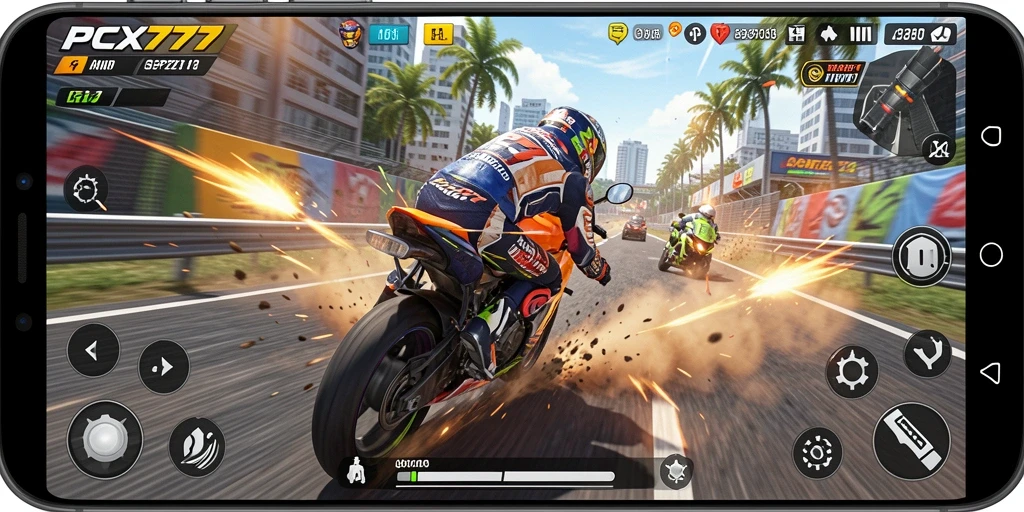 Tampilan gameplay maksimal PCX777 dengan balapan sepeda motor yang seru.