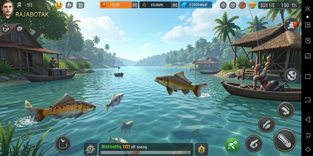 Tampilan gameplay RAJABOTAK dengan aksi memancing yang seru.