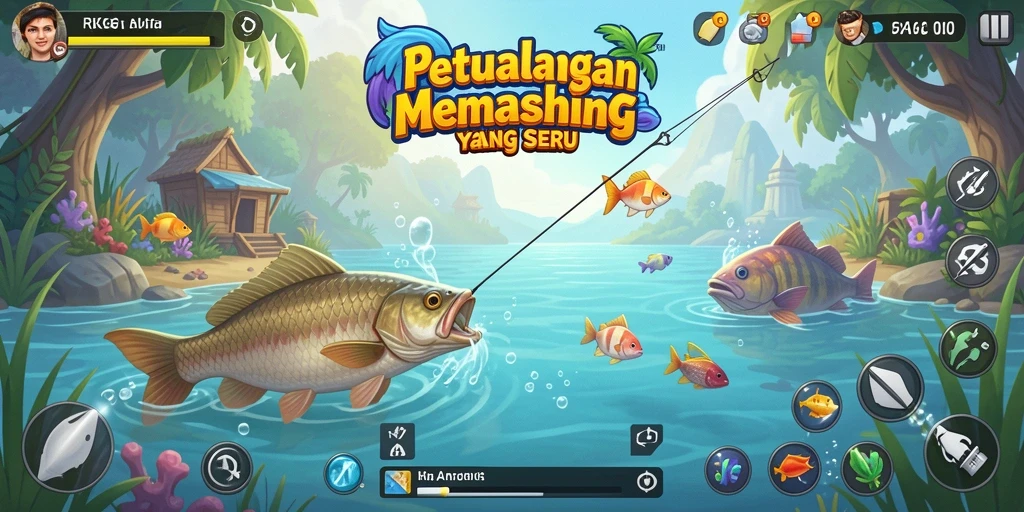Screenshot gameplay RKGG yang menunjukkan aksi memancing seru di laut.